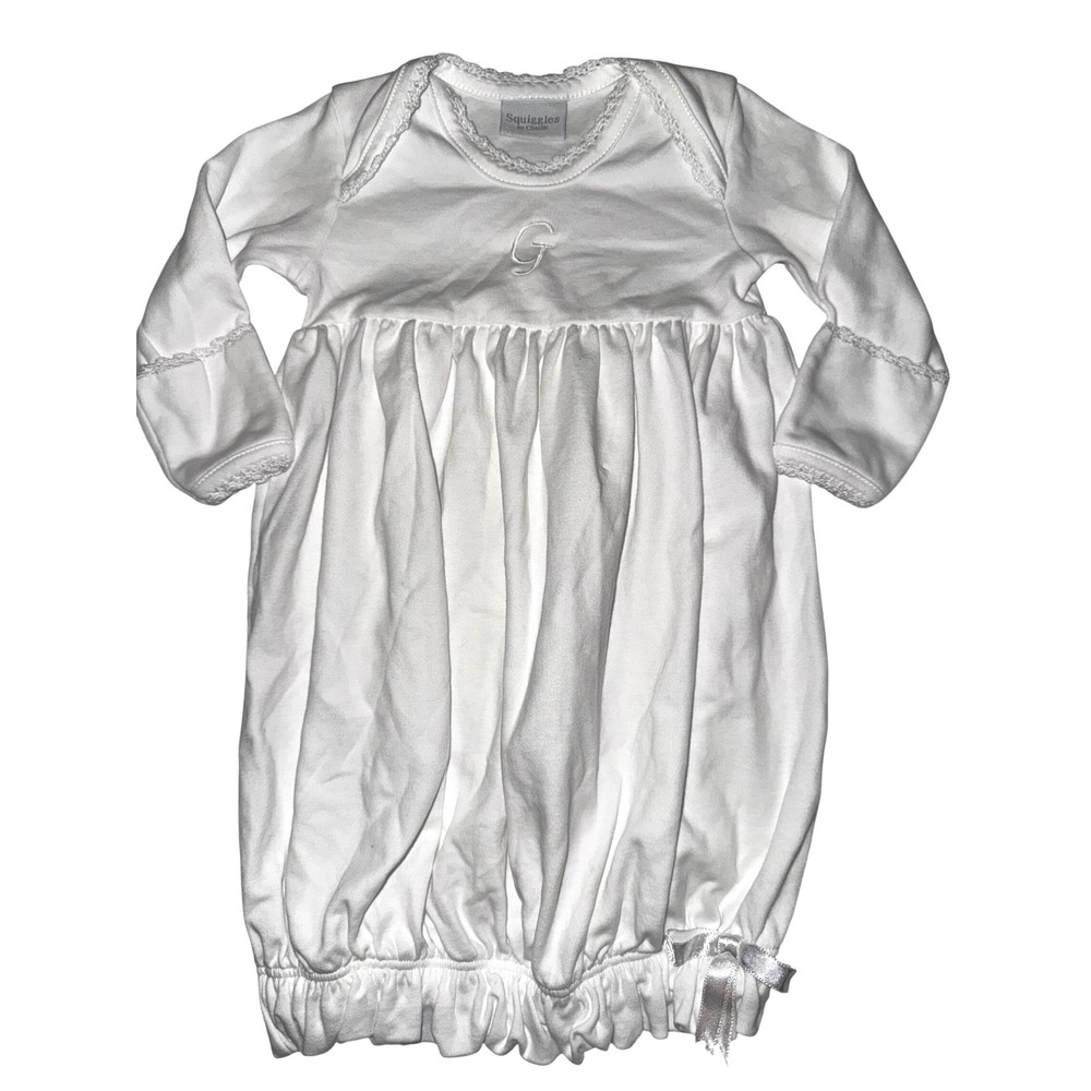 Squiggles by Charlie White Pima Cotton Newborn Lap Shoulder Gown Embroidered G
